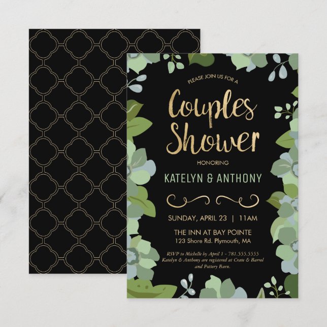 Paare Dusche Invite - Gold, Elegant, kundenspezifi Einladung (Vorne/Hinten)