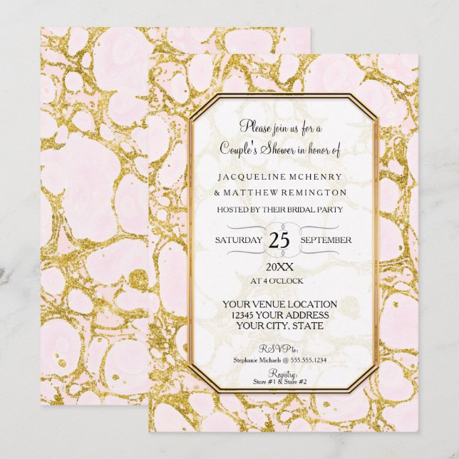Paare Dusche Marmorpapier Rose Gold Pink Einladung (Vorne/Hinten)