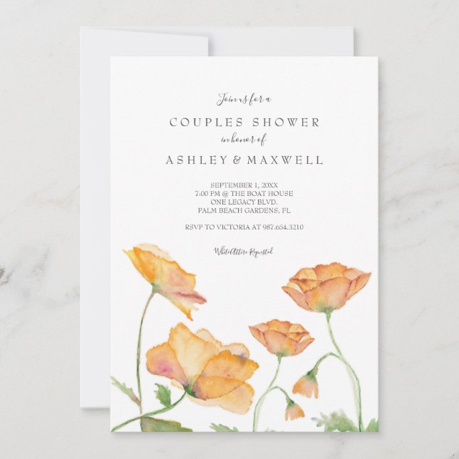 Paare Dusche Poppies Watercolor Florals Einladung (Vorderseite)