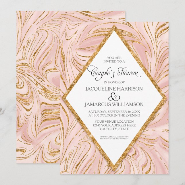 Paare Dusche Rose Gold Imitats Glitzer Marmorblau Einladung (Vorne/Hinten)
