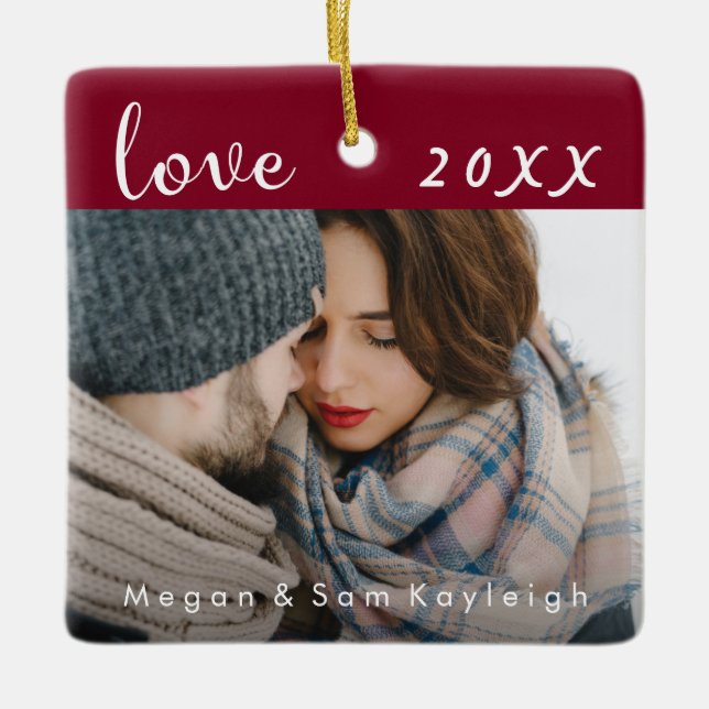 Paare Elegantes Foto mit roter Liebe und Datum mit Keramikornament (Vorderseite)