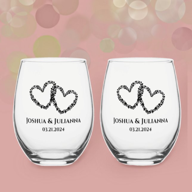 Paare ernennen Elegante Modernes Original Herzgesc Weinglas Ohne Stiel (Personalized Couples names and date keepsake gift, elegant unique hearts stemless wine glass)