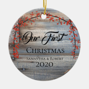 Paare Erste Weihnachten mit Namensdatum Rustikal Keramik Ornament