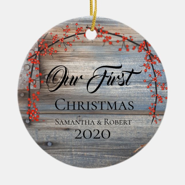 Paare Erste Weihnachten mit Namensdatum Rustikal Keramik Ornament (Vorne)