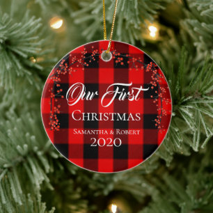 Paare First Christmas Name Datum Rot Kariert Keramik Ornament