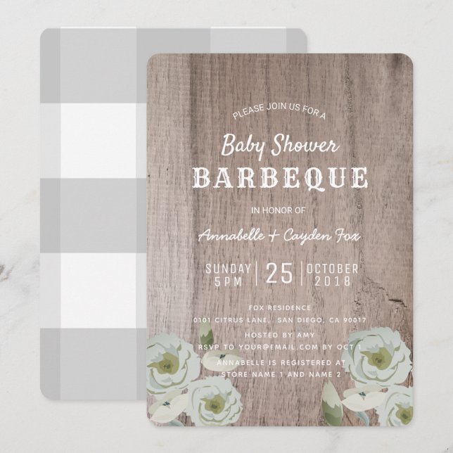 Paare GRILLEN Rose & Wood Baby Dusche Einladung (Vorne/Hinten)