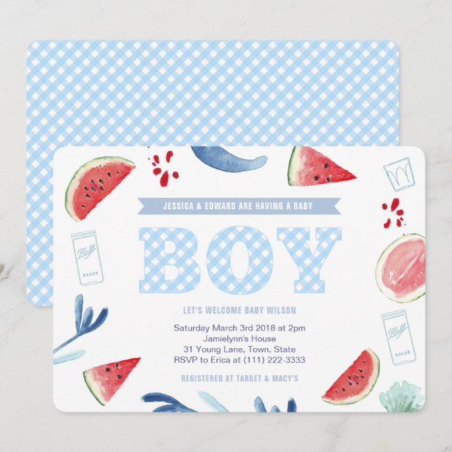Paare im Freien Gingham Baby Dusche für Jungen Einladung (Vorne/Hinten)