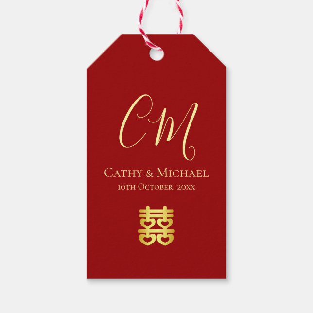 Paare Initialen moderne chinesische Hochzeit rot Geschenkanhänger (Vorderseite)