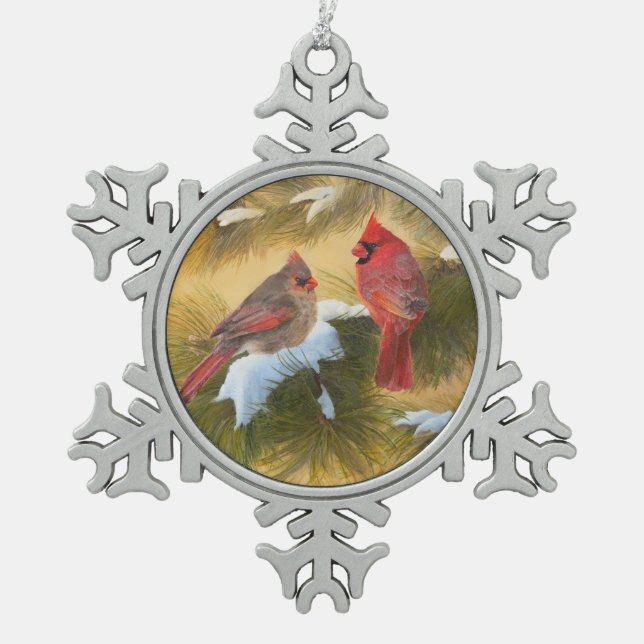 Paare Kardinäle Schneeflocken Zinn-Ornament (Vorderseite)