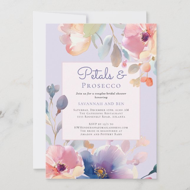 Paare Petals und Prosecco Brautparty Einladung (Vorderseite)