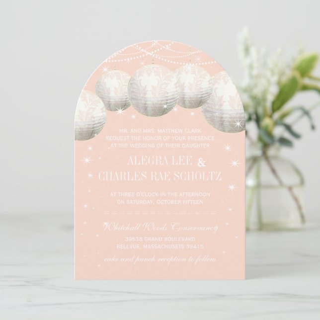 Pachy Rose Pink Star Lights Hochzeitspapier Latern Einladung (Stehend Vorderseite)