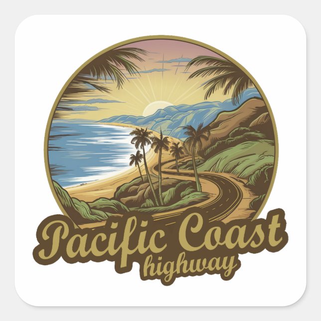 Pacific Coast Highway Retro Quadratischer Aufkleber (Vorderseite)