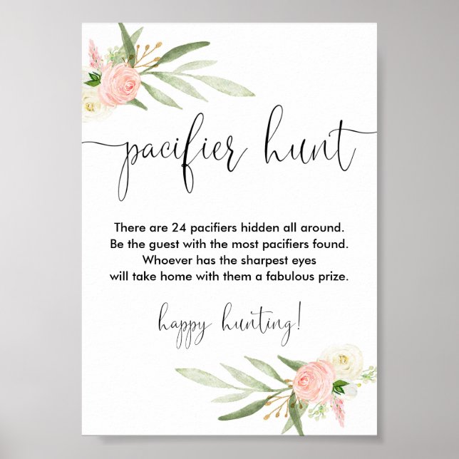 Pacifier hunt baby shower game sign pink gold poster (Vorne)