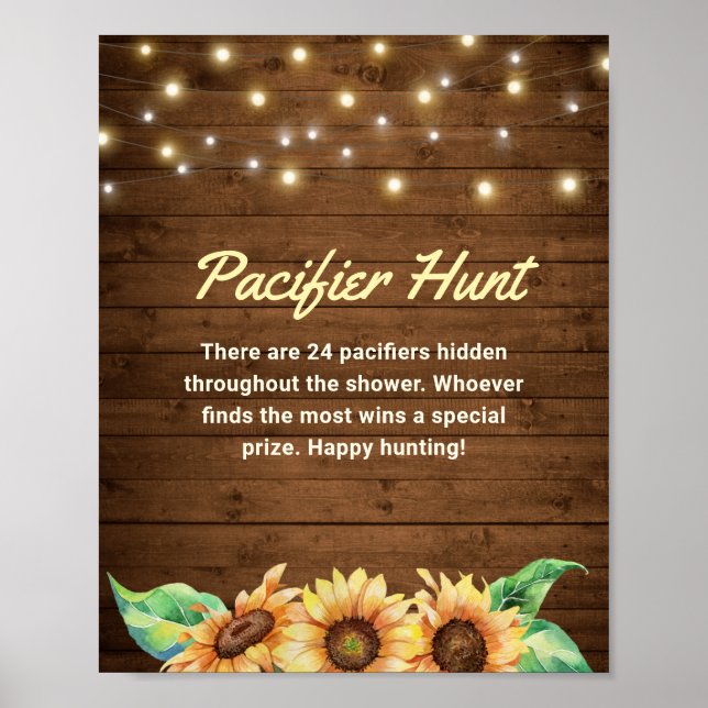 Pacifier Hunt Rustic Sunflower Yellow Baby Shower Poster (Vorne)