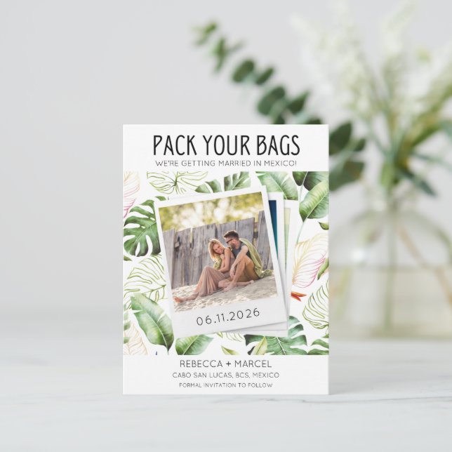 Pack deine Taschen Mexiko Hochzeit Speichern Sie d Ankündigungspostkarte (Stehend Vorderseite)