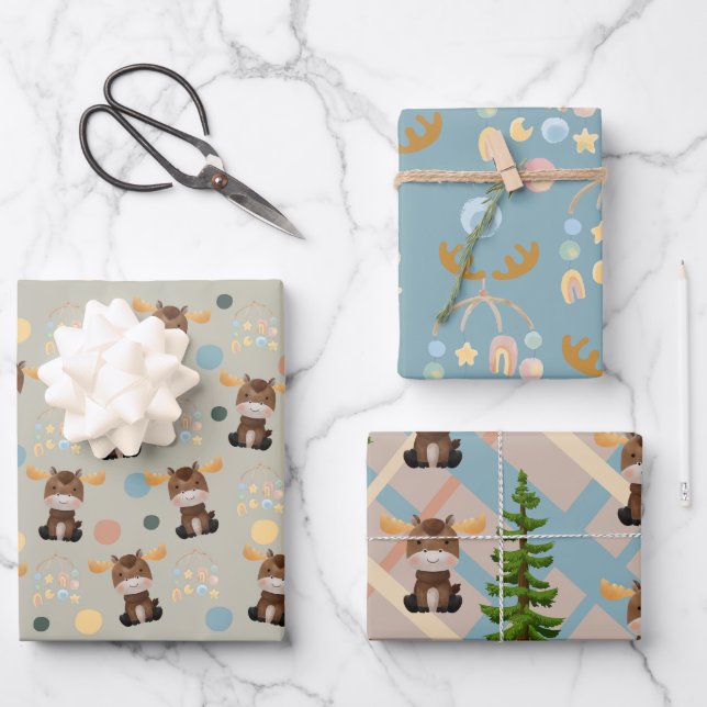 Packpapier für Elch- und Mobile-Babydusche Geschenkpapier Set (Vorderseite)