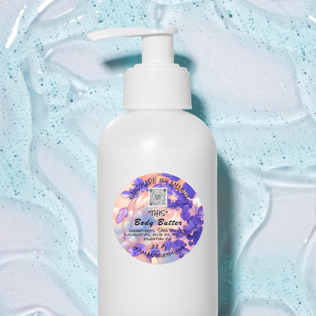 Packungsbeilage für Body Butter Lila QR-LOGO Runder Aufkleber (Body Butter Product Packaging Leafs Purple QR LOGO Classic Round Sticker)
