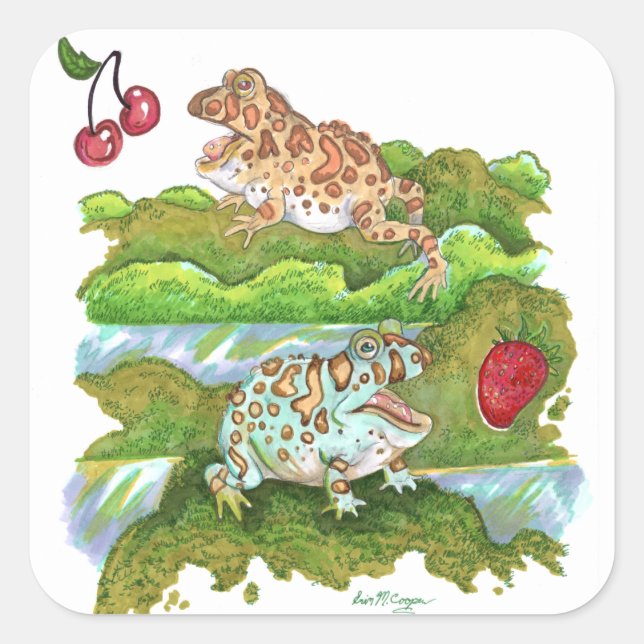 PacMan Frogs bei der Jagd auf Obst Quadratischer Aufkleber (Vorderseite)