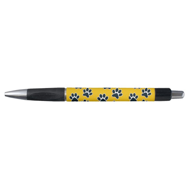 Pad Print Pen Kugelschreiber (A playful pen with a yellow body adorned with black paw prints.)