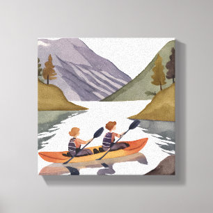 Paddelbootfahrt auf dem See   Berg Natur Aquarell Leinwanddruck