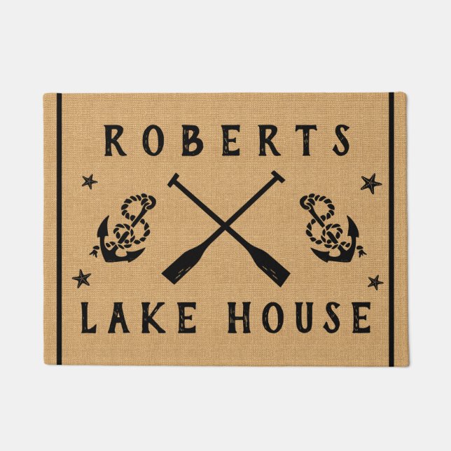 Paddeln des Lake House Anchor Custom Rustic Burlap Fußmatte (Vorderseite)