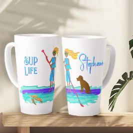 Paddle-boarding Life-Teenager-Mädchen und Hund ill Milchtasse
