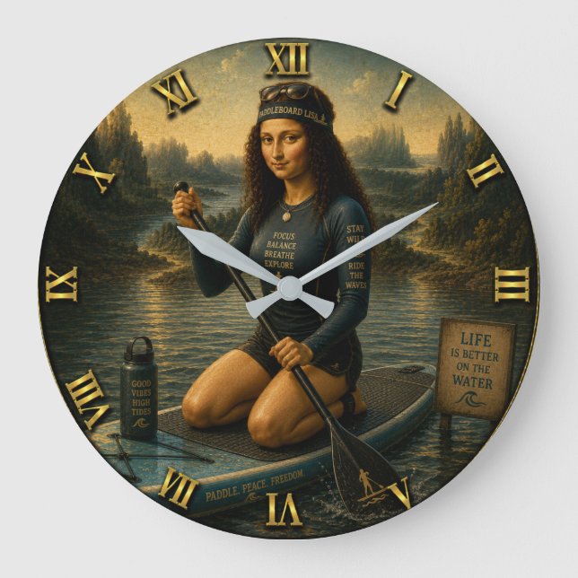 Paddleboard Funny Mona Lisa SUP Gift for Paddle Große Wanduhr (Vorderseite)
