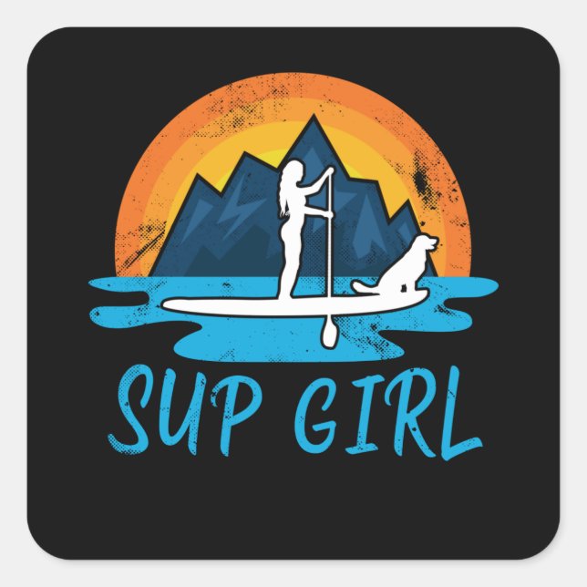 Paddleboarding Sup Girl Dog Retro Geschenk Quadratischer Aufkleber (Vorderseite)