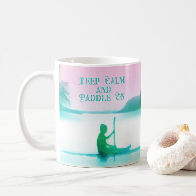 Paddleboarding SUP Wasserfarbe Rosa blaue Küste Kaffeetasse (Mit Donut)