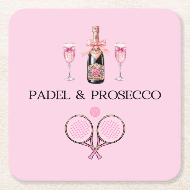 PADEL COASTER: PADEL & PROSECCO CLASSIC PINK/BLACK RECHTECKIGER PAPPUNTERSETZER (Vorderseite)