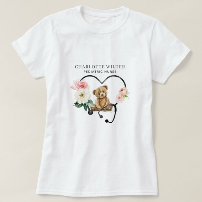 Pädiatrische Krankenschwester Teddy Bear Stethosko T-Shirt (Design vorne)