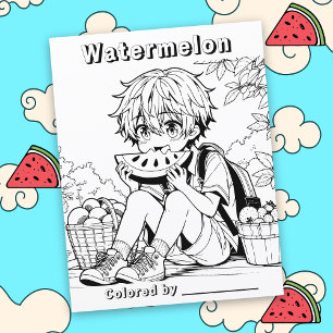 Page Color Me Anime Boy mangeant Watermelon