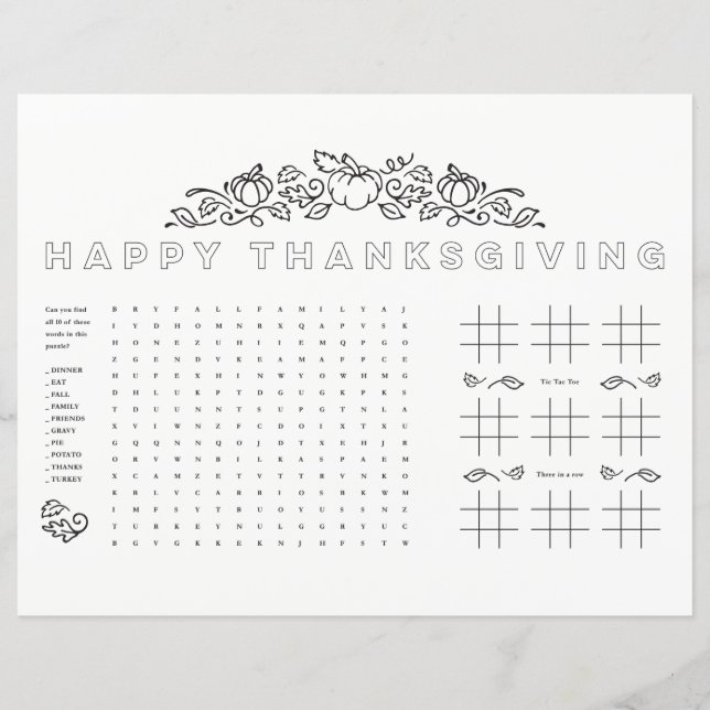 Page d'activité de table bon thanksgiving enfants (Devant)