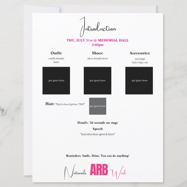 Pageant Planner Event Paper Sheet (Vorderseite)