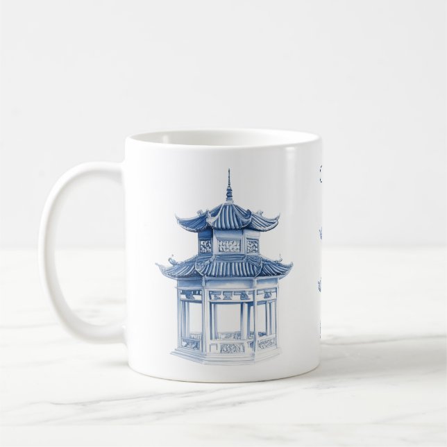 Pagoda Chinoiserie Tasse Blau und Weißer Kaffee (Links)