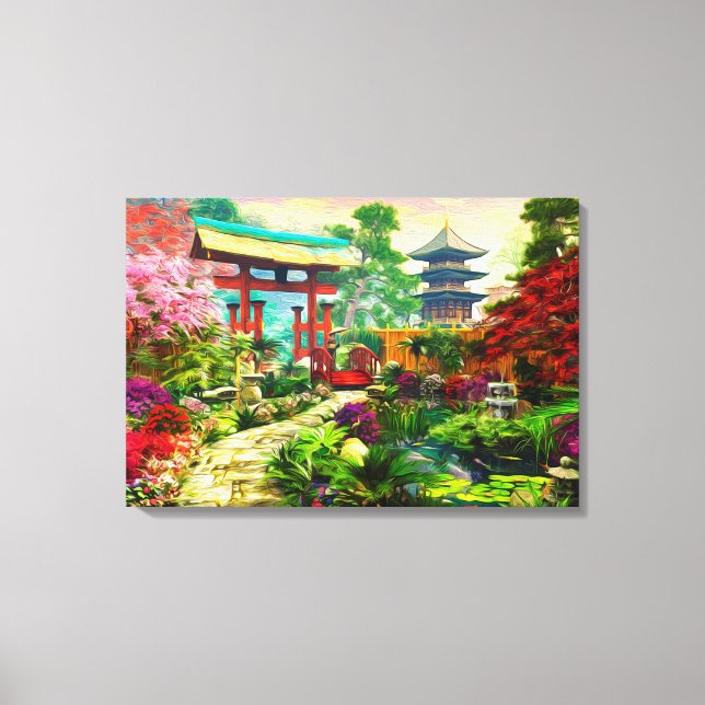 Pagoda Sakura und Wasserfall Leinwanddruck (Vorderseite)
