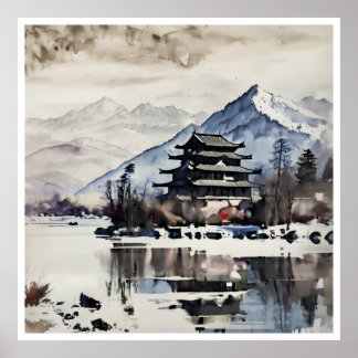 Pagode de montagne sereine, affiche d'hiver