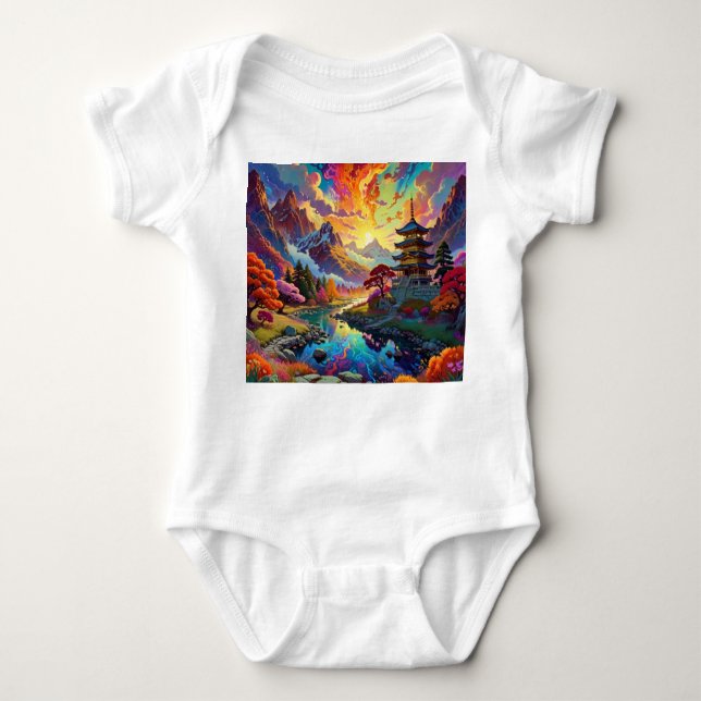 Pagode und farbenfrohe Landschaft Baby Strampler (Vorderseite)