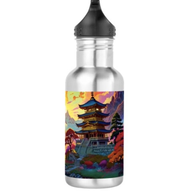 Pagode und farbenfrohe Landschaft  Edelstahlflasche ( Pagoda Landscape Water Bottle 18 oz 18/8 stainless steel Height: 8.67" Weight: 8.7 oz. )