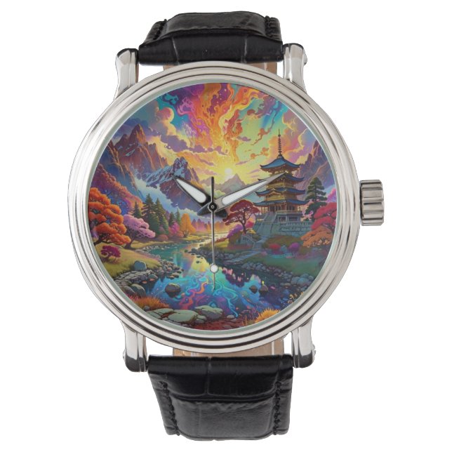 Pagode und farbenfrohe Landschaft eWatch Armbanduhr (Vorderseite)