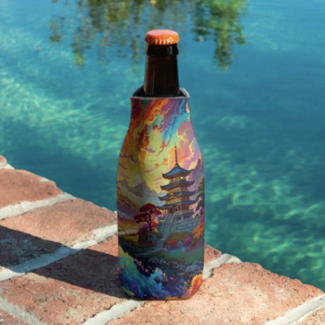 Pagode und farbenfrohe Landschaft Flaschenkühler (Vibrant Pagoda  Fantasy Landscape bottle cooler insulated bottle cooler high-density material. )