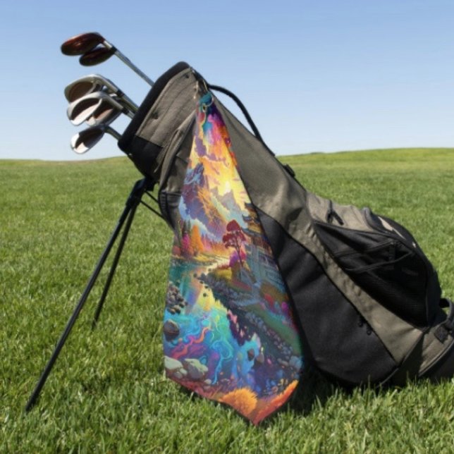 Pagode und farbenfrohe Landschaft Golfhandtuch ( Pagoda Landscape Golf Towel  poly blend D: 16" x 24". Grommet brass plated hook. Machine washable.)