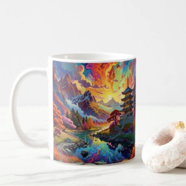 Pagode und farbenfrohe Landschaft Kaffeetasse (Vibrant Pagoda  Fantasy Landscape mug available in 11 oz & 15 oz. Microwave and dishwasher safe.)