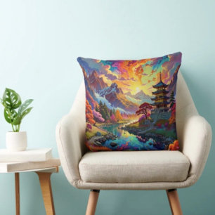 Pagode und farbenfrohe Landschaft  Kissen