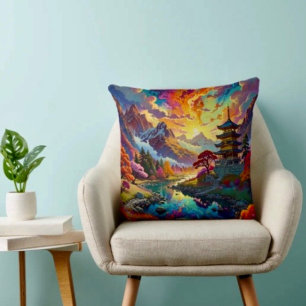 Pagode und farbenfrohe Landschaft  Kissen