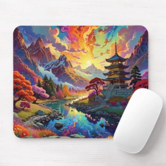 Pagode und farbenfrohe Landschaft Mousepad (Vibrant Pagoda  Fantasy Landscape mouse pad durable dust and stain resistant.. Non-slip rubber.)