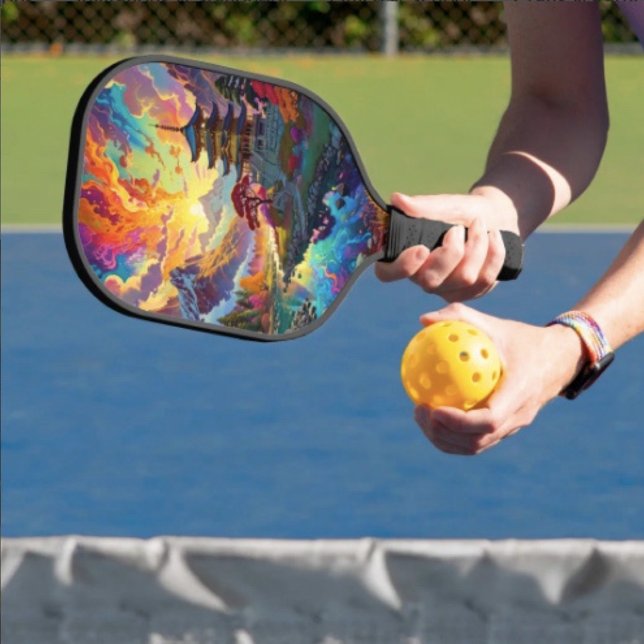Pagode und farbenfrohe Landschaft Pickleball Schläger (Vibrant Pagoda  Fantasy Landscape pickleball paddle hand wrapped grip honeycomb core. 8 oz weight. 
)