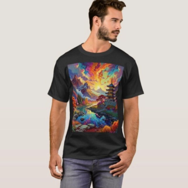 Pagode und farbenfrohe Landschaft T-Shirt (Vibrant Pagoda Fantasy Landscape Art Graphic T-Shirt  100%  cotton unisex standard fit. 
)