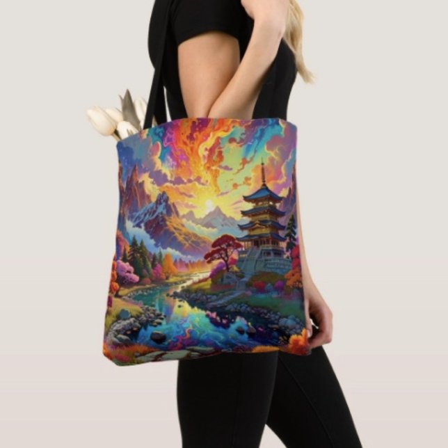 Pagode und farbenfrohe Landschaft Tasche ( Pagoda Tote Bag — 100% polyester, black laminated lining 100% cotton web hand. Made in the USA.
)