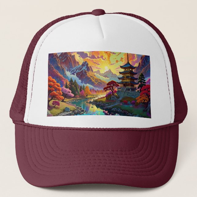 Pagode und farbenfrohe Landschaft Truckerkappe (Vorderseite)